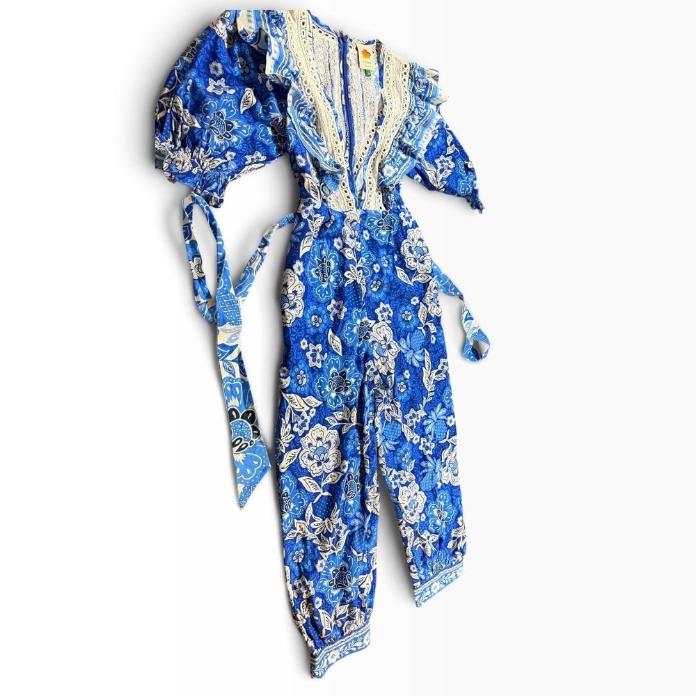 Farm Rio Blue Tropical Floral Lace Inset Puff Sleeve Jumpsuit Womens Medium